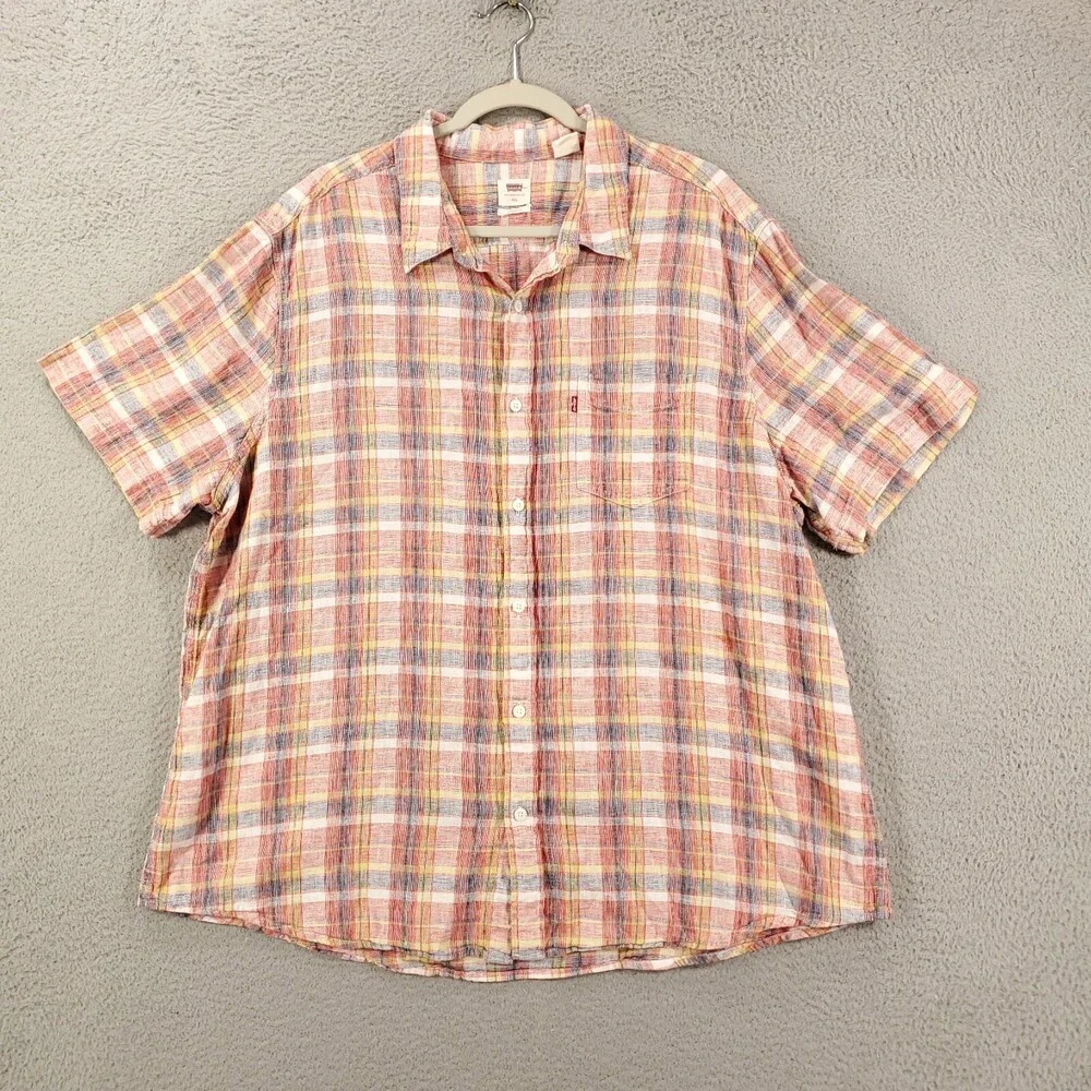 Levis Linen Shirt Mens 2XL Button Up Red Blue Plaid Standard Fit Button Up XXL